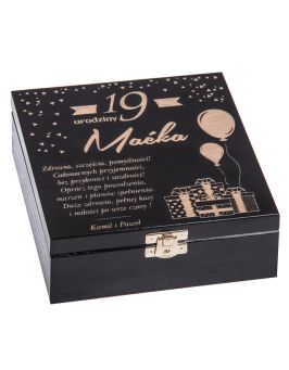 Pudełko drewniane 16x16 na 18 30 40 urodziny, kolor czarny, grawer