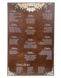 PLAN STOŁÓW GOŚCI rozkład TABLICA dekoracje ŚLUBNE kolor brąz nadruk