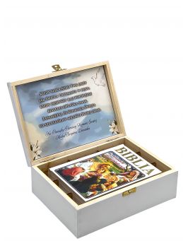 Pudełko + Biblia na Komunię pismo święte, 22x16, kolor biały, nadruk